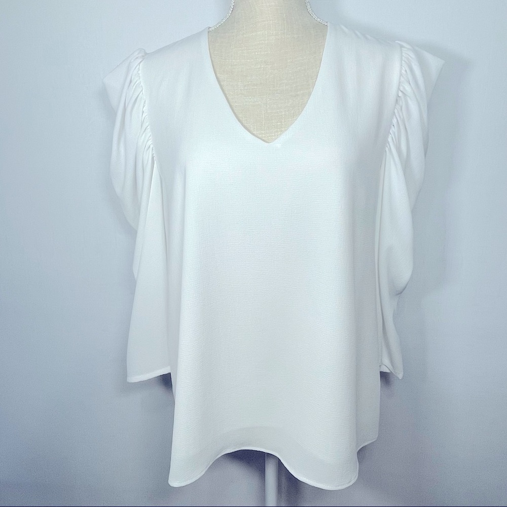 Vici White Puffy 3/4 Sleeve V-Neck Loose Fit Top